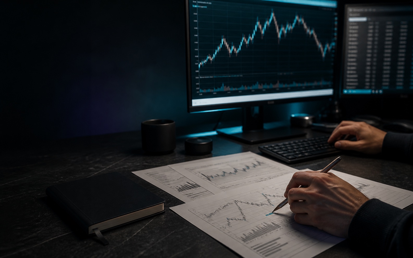 Postazione di lavoro con grafici e appunti operativi